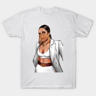 Business African American woman in white jacket and gold mask. T-Shirt